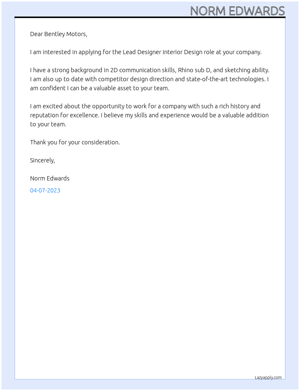 Lead Designer Interior Design At Bentley Motors Cover Letter