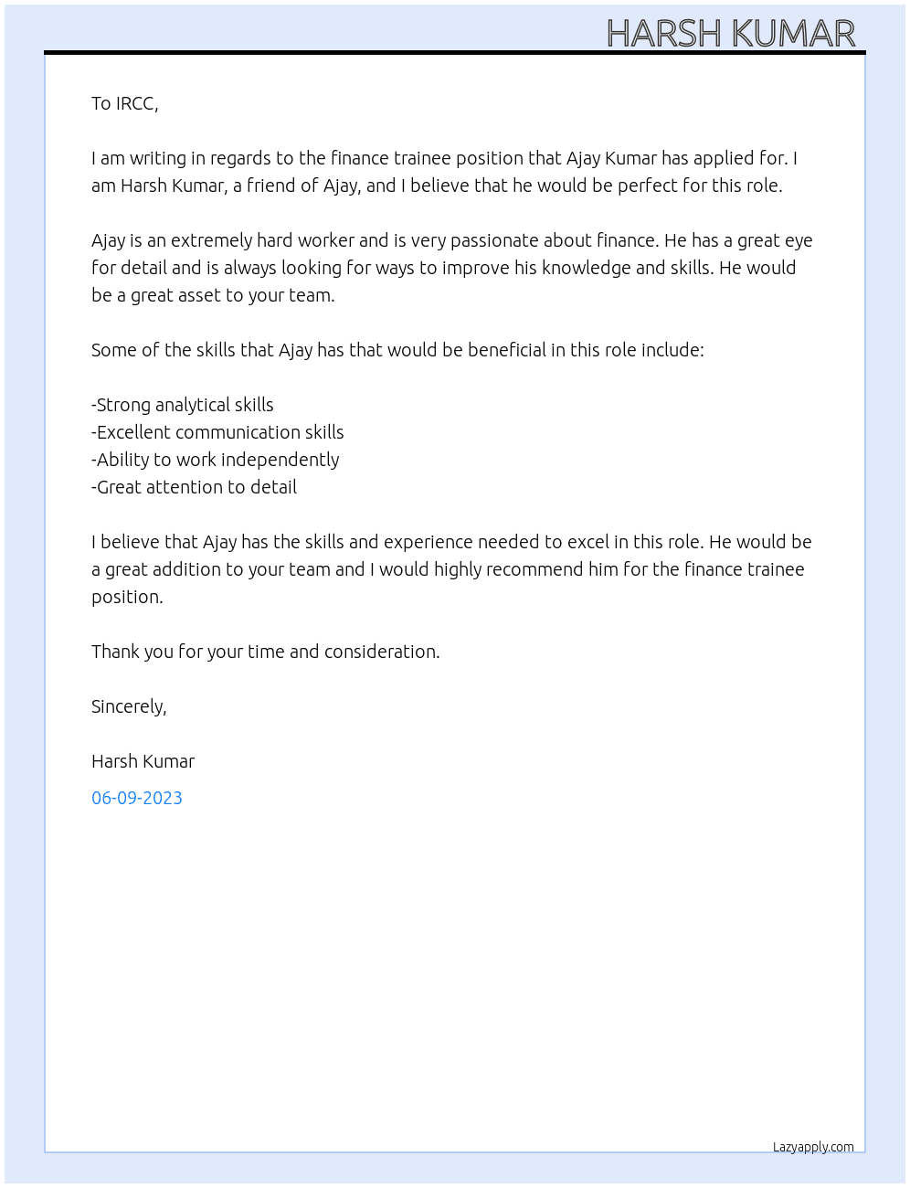 Finance trainee  At To IRCC  Cover Letter