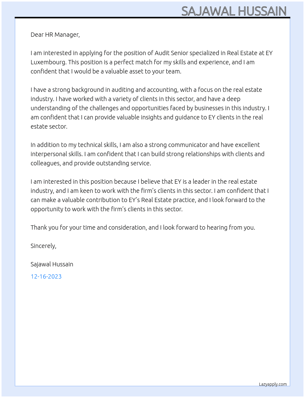 Audit Senior specialized in Real Estate At EY Luxembourg Cover Letter