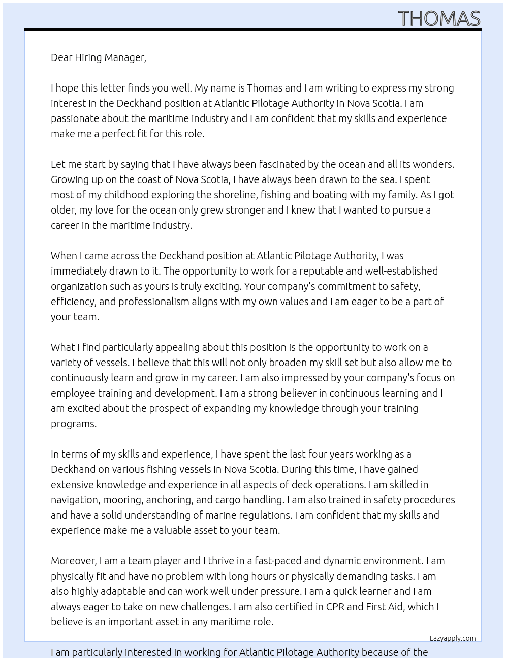 Deckhand At Atlantic Pilotage Authority Cover Letter