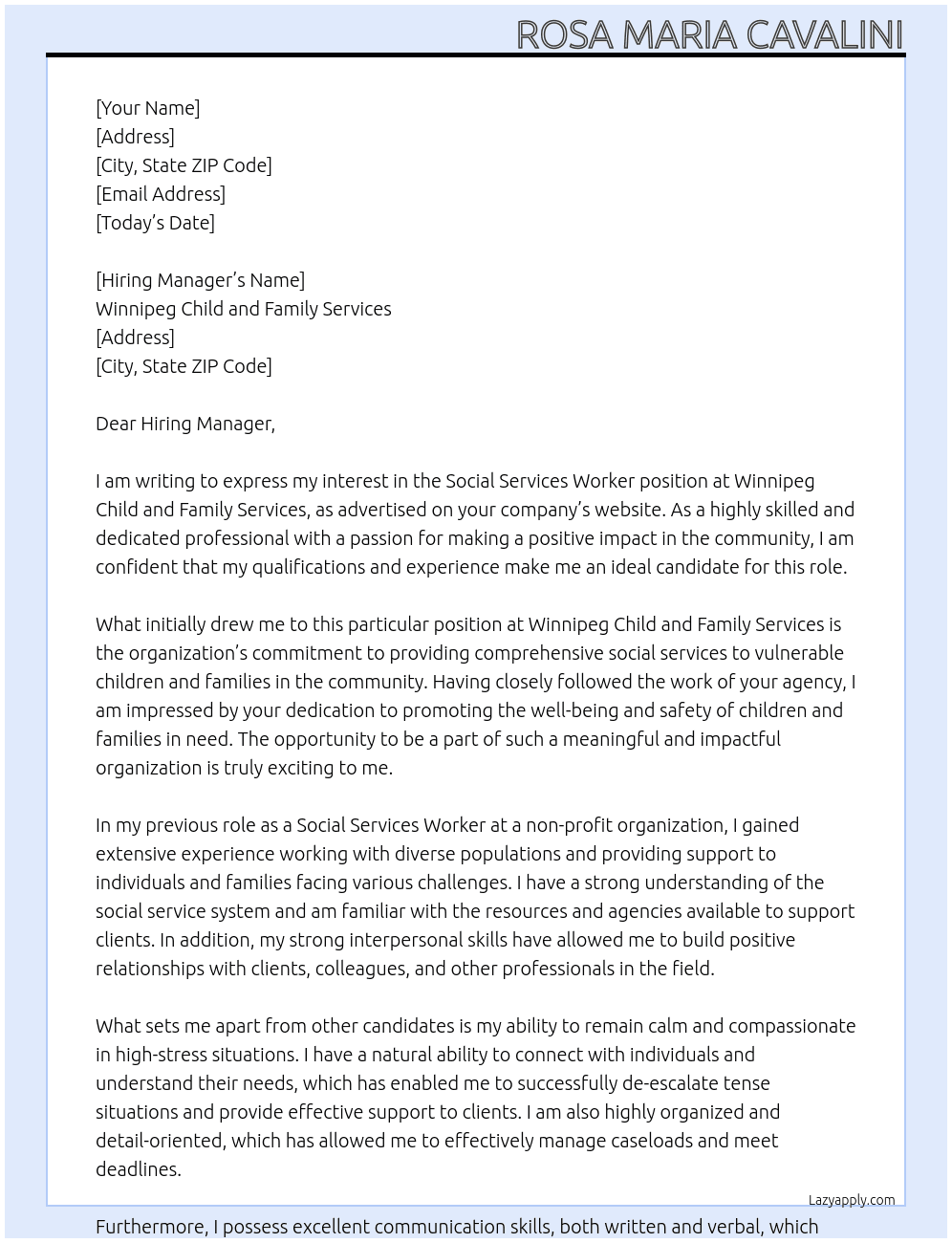 Social Services Worker At Winnipeg Child and Family Services Cover Letter