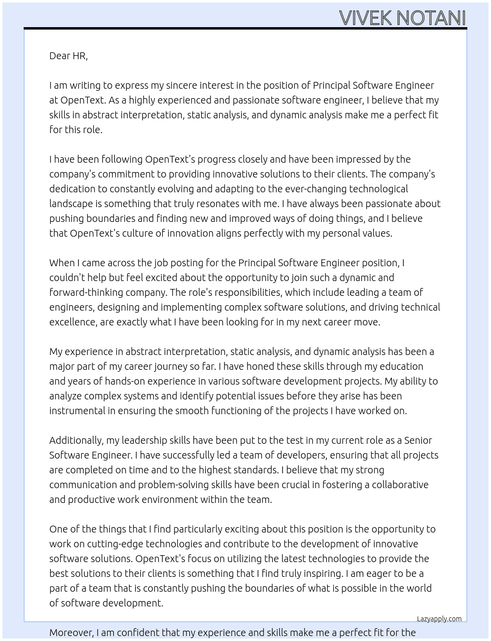 Principal Software Engineer  At OpenText Cover Letter