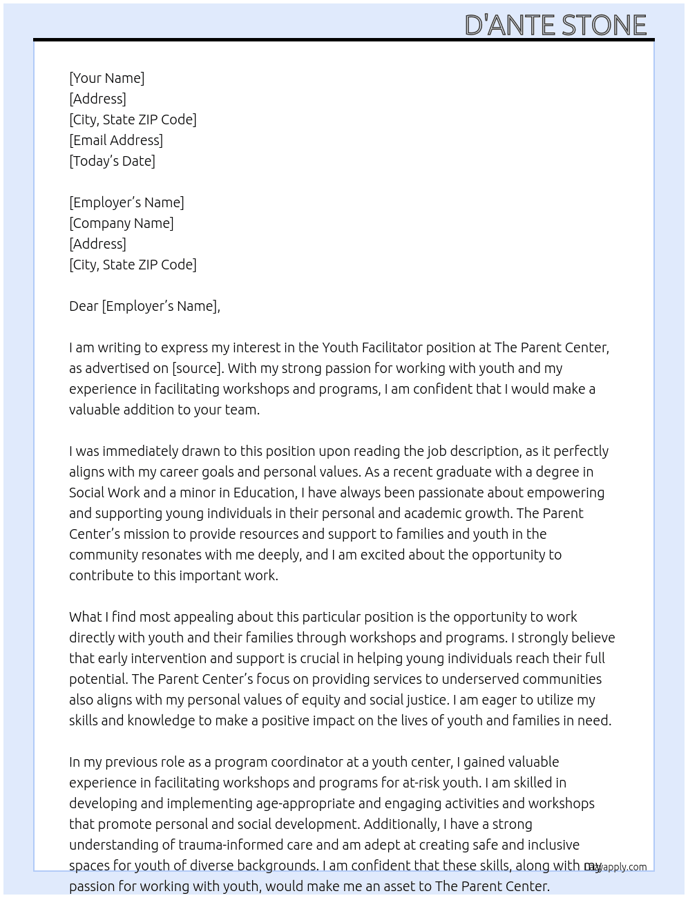 Youth Facilitator  At The Parent Center  Cover Letter