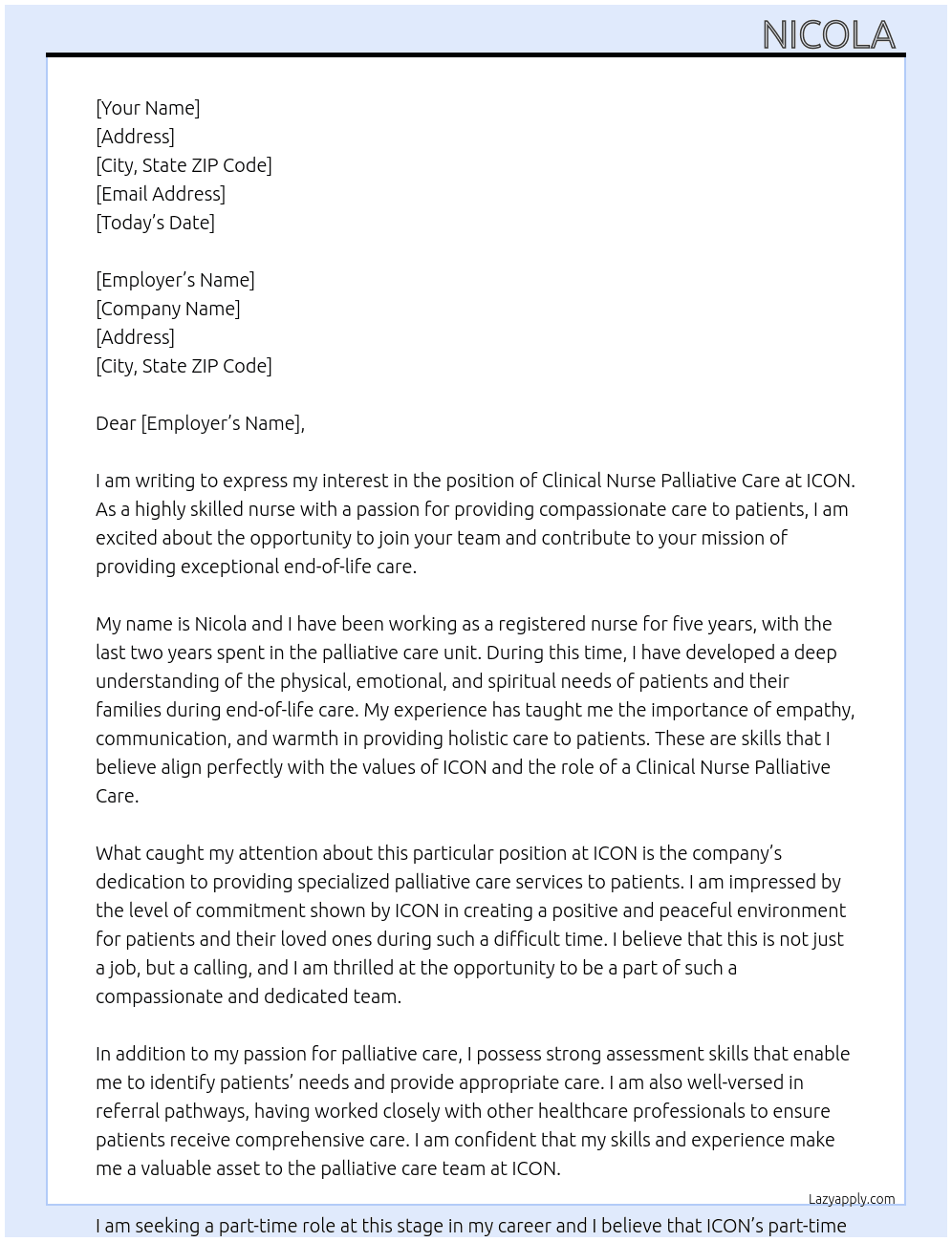 Clinical Nurse palliative care  At ICON  Cover Letter
