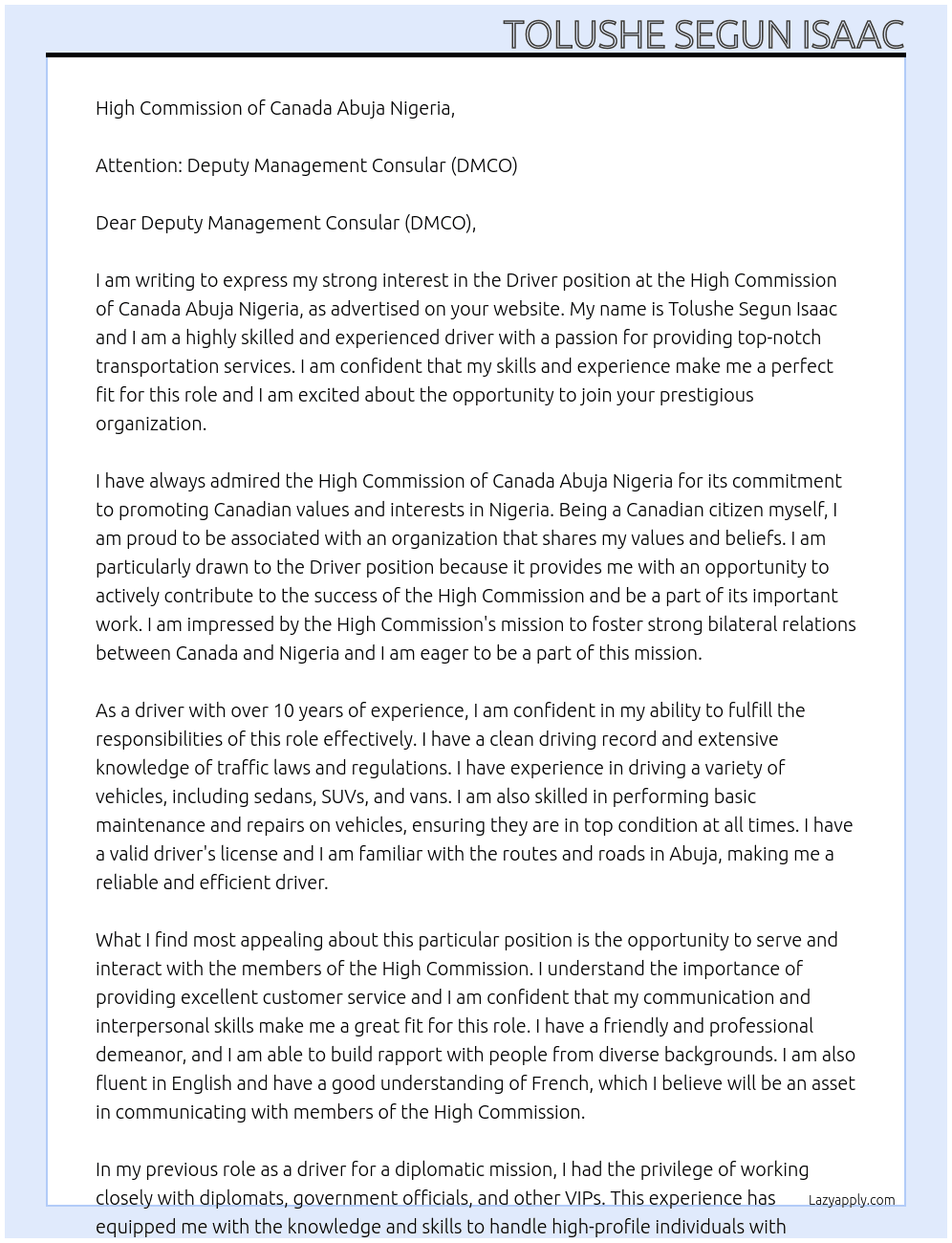 Driver At High Commission of Canada Abuja Nigeria Cover Letter