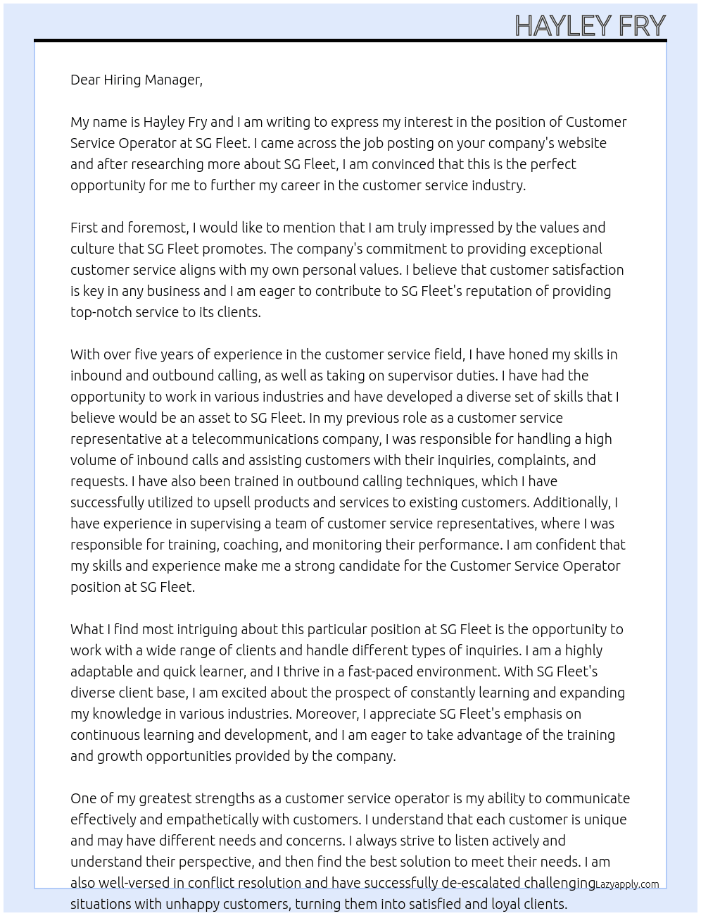 Customer Service Operator At SG Fleet Cover Letter