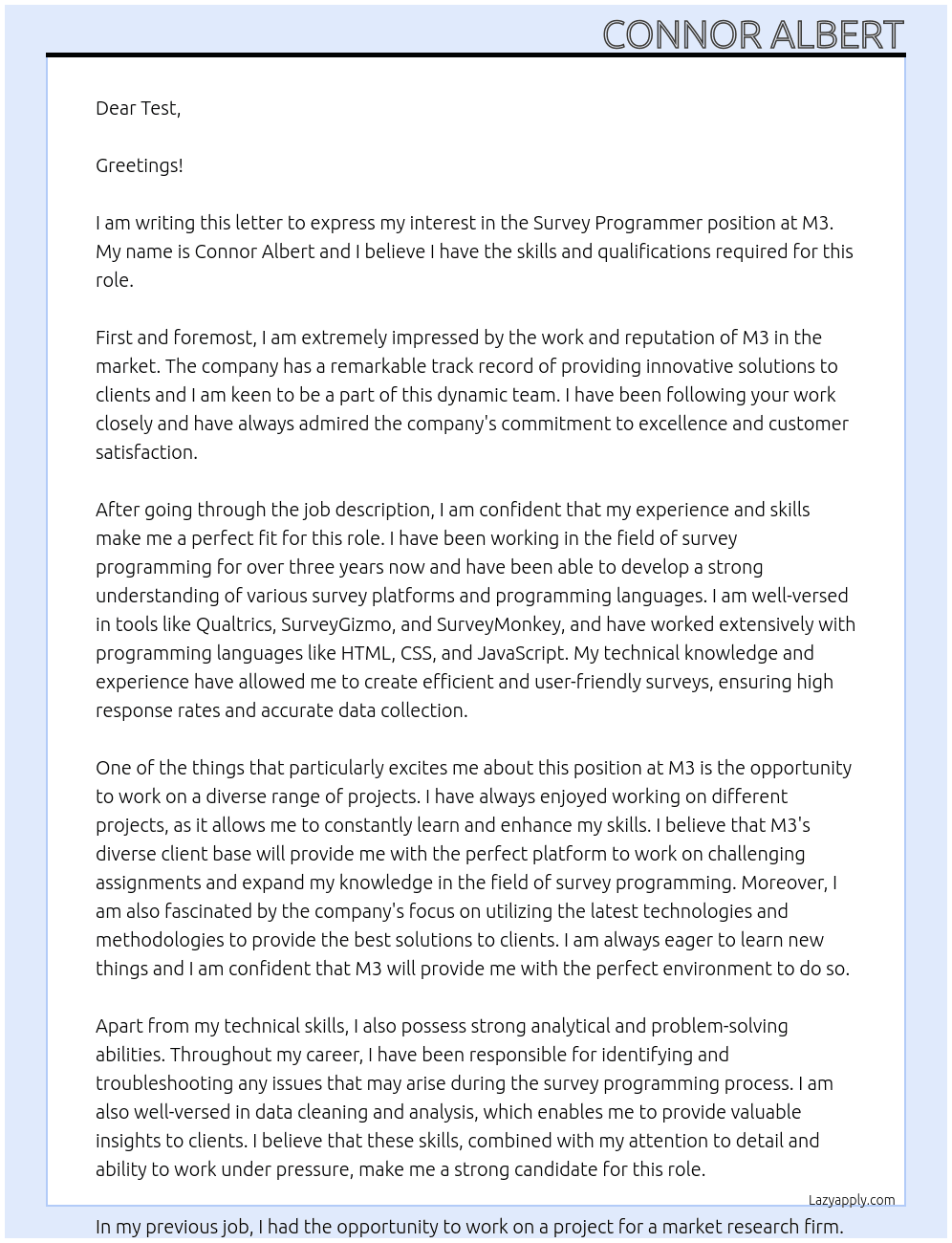 Survey Programmer At M3 Cover Letter