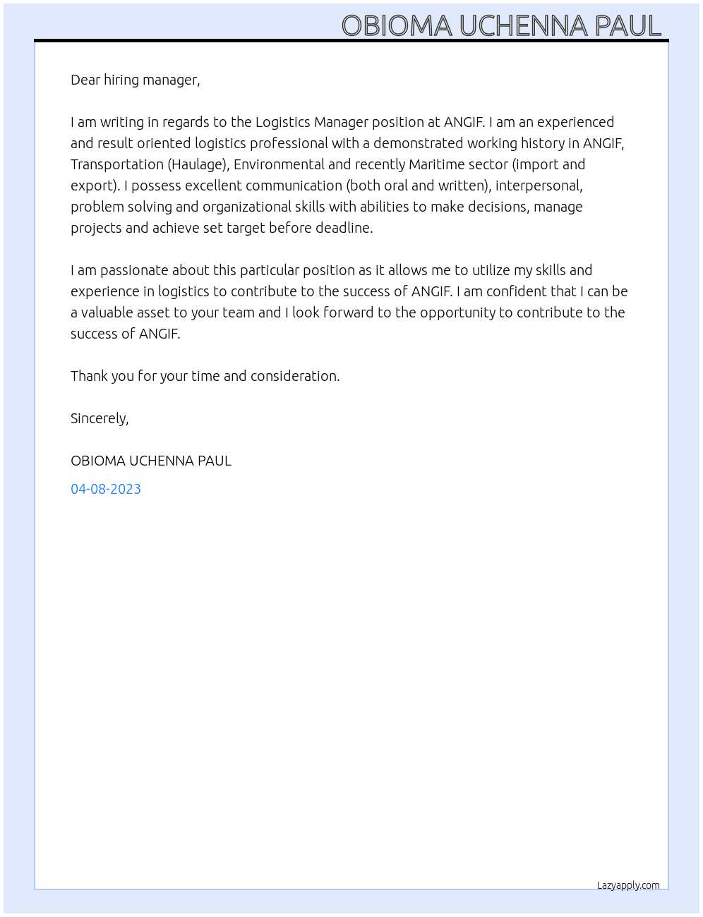 Logistics Manager  At ANGIF  Cover Letter