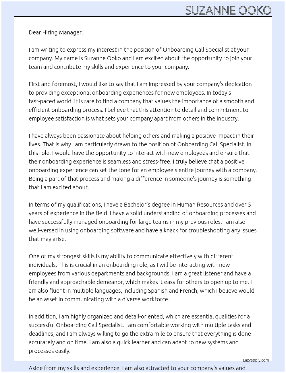Cover letter for onboarding call specialist - LazyApply