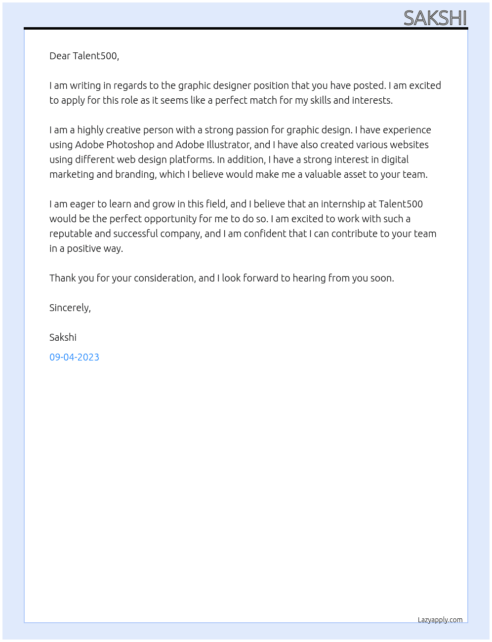 Graphic designer At Talent500 Cover Letter