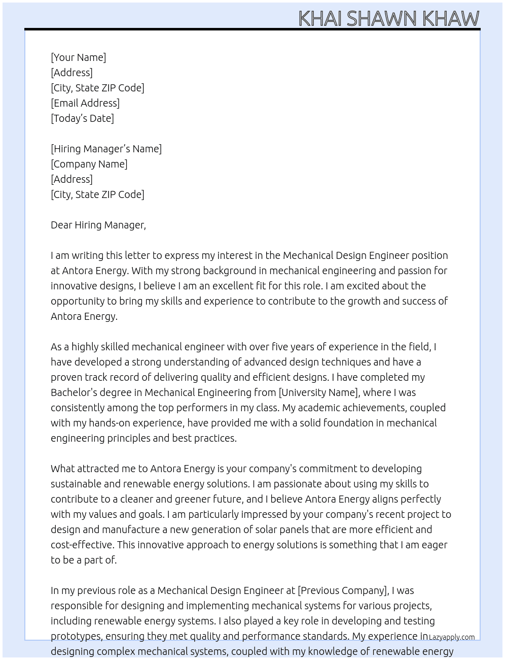 Mechanical Design Engineer At Antora Energy  Cover Letter