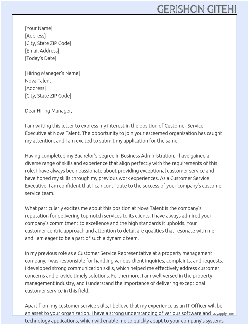 Customer service executive At Nova talent Cover Letter