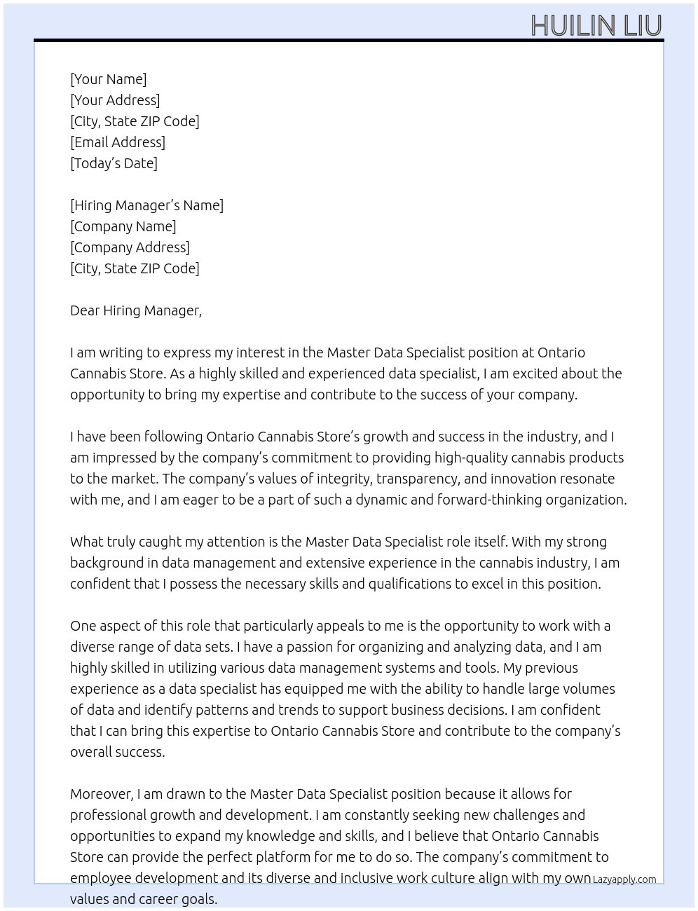 Master Data Specialist  At Ontario Cannabis Store Cover Letter