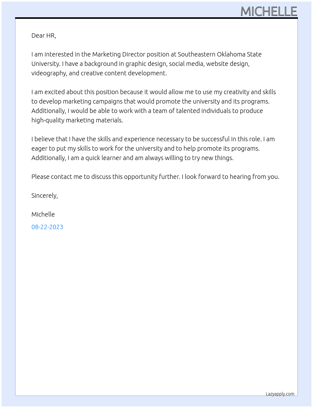 Marketing Director At Southeastern Oklahoma State University Cover Letter