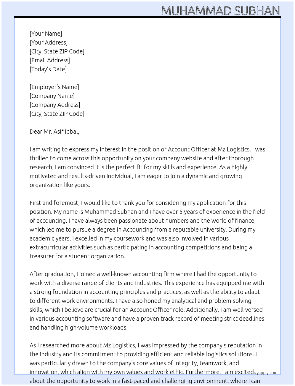 Account officer At Mz logistics  Cover Letter