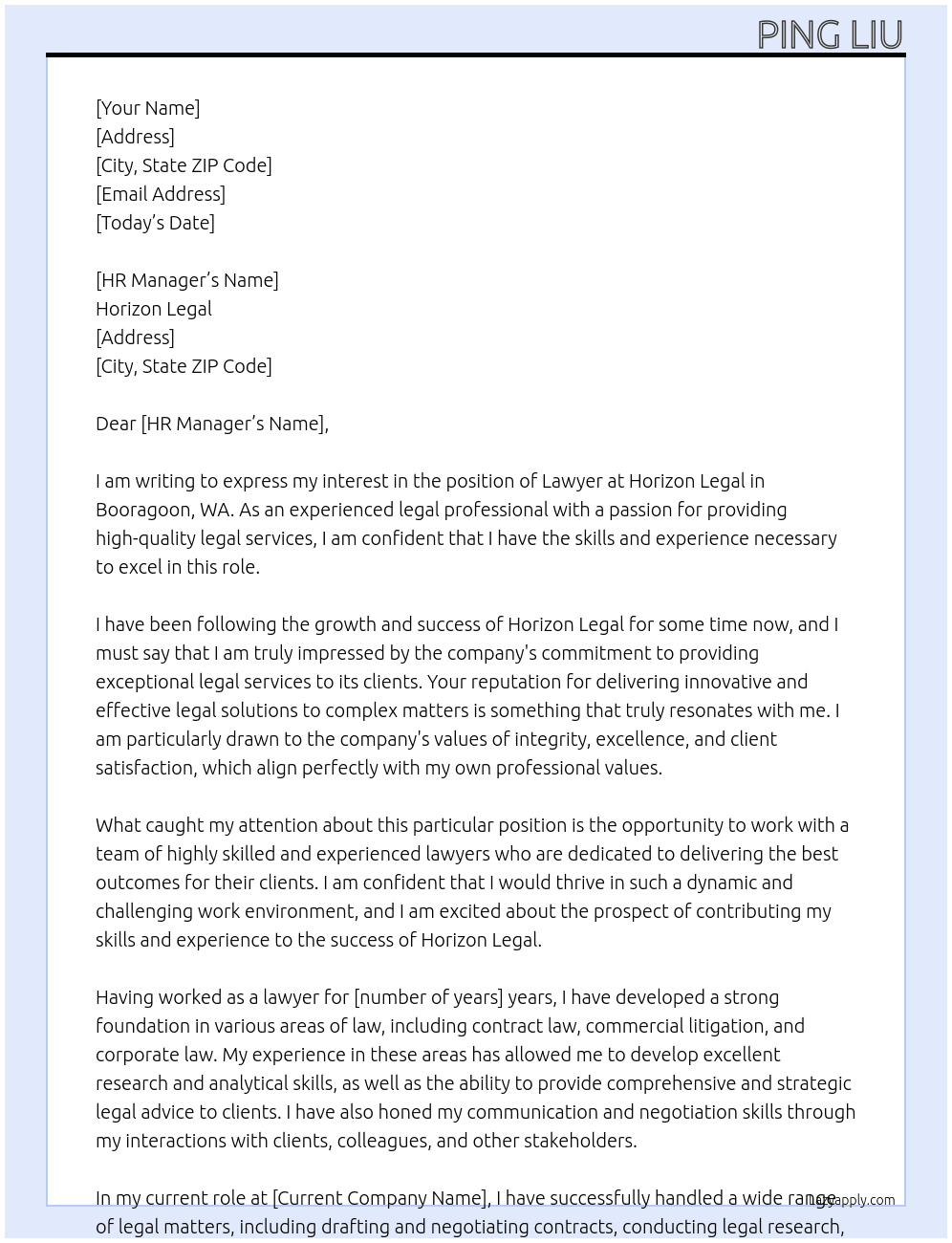 lawyer At Horizon Legal – Booragoon WA Cover Letter