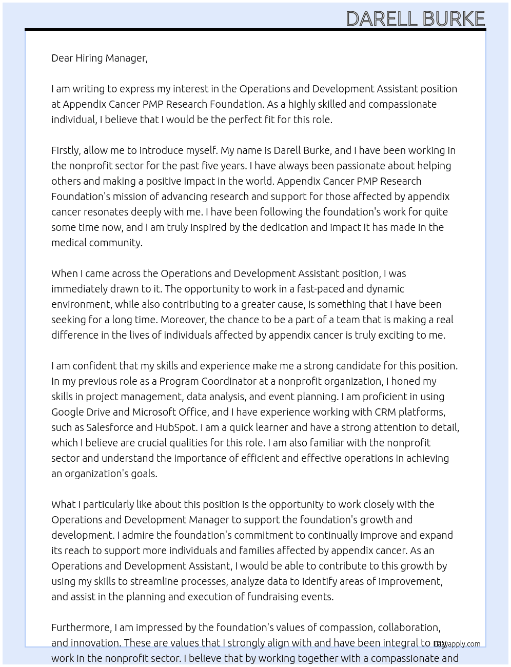 Operations and Development Assistant At Appendix Cancer PMP Research Foundation Cover Letter