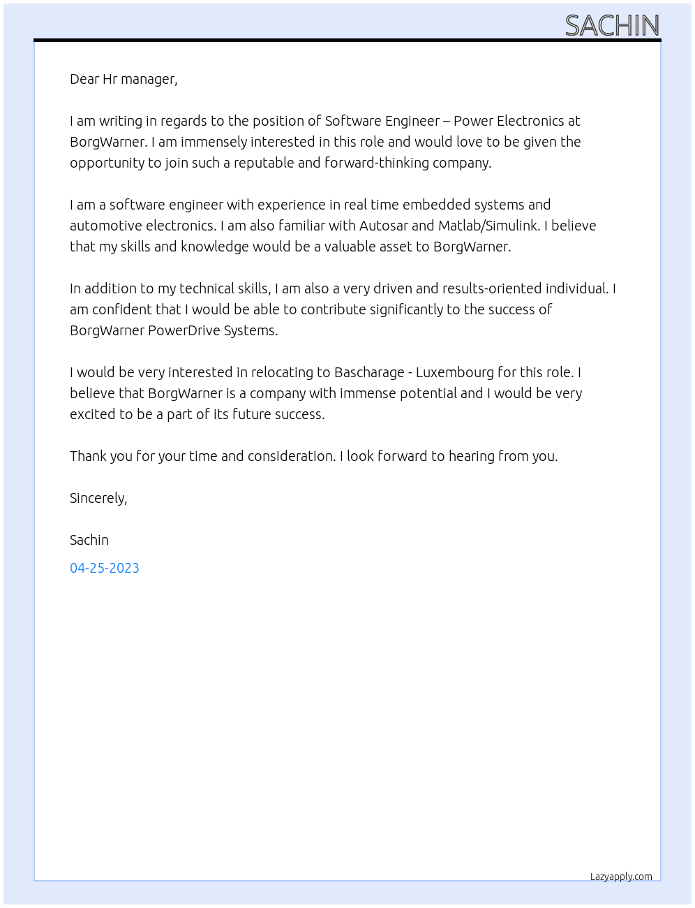 Software Engineer – Power Electronics At BorgWarner Cover Letter