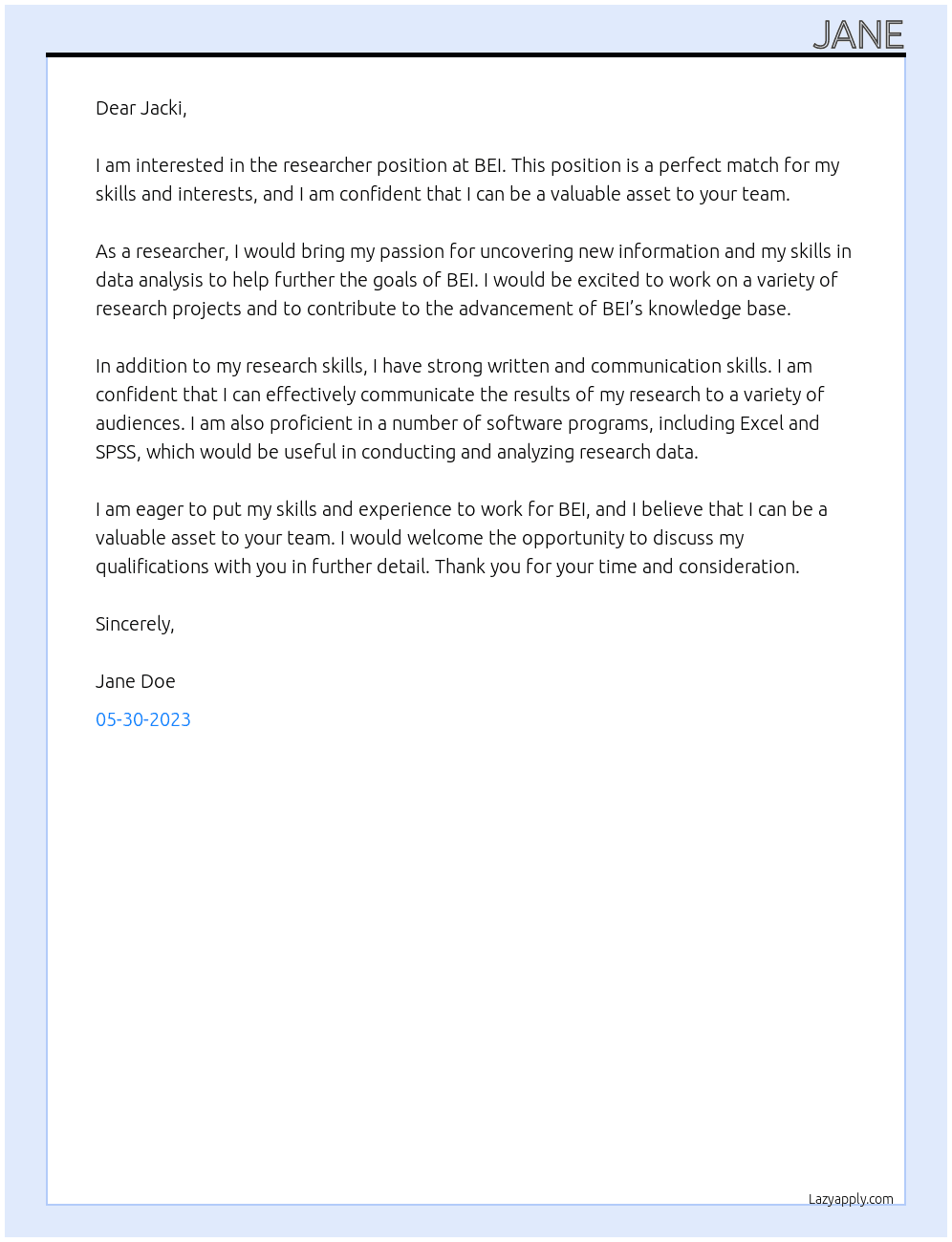 researcher At BEI Cover Letter