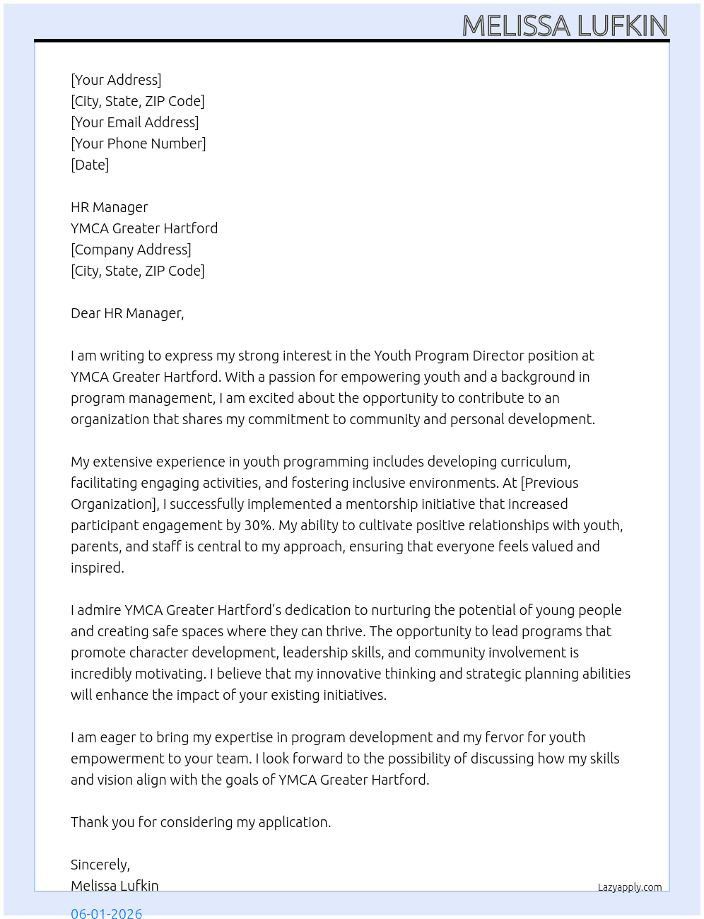 Youth program director  At Ymca greater Hartford  Cover Letter