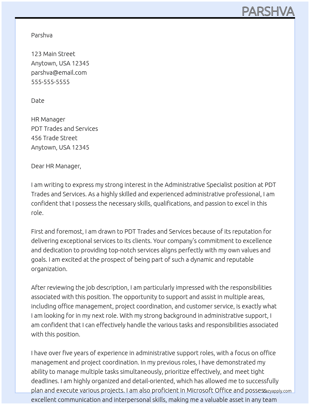 Administrative specialist At PDT Trades and Services Cover Letter