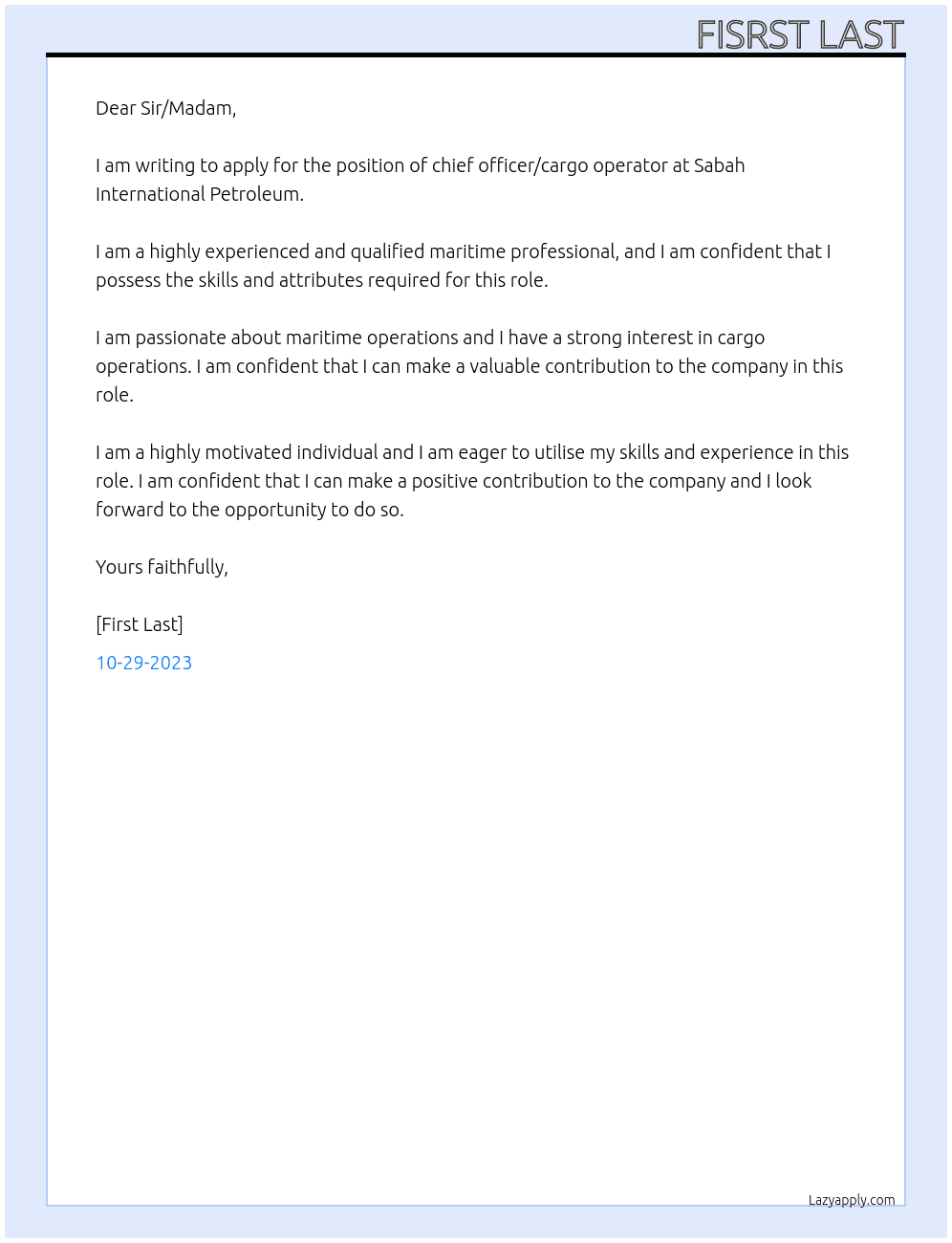 chief officer/cargo operator At Sabah International Petroleum Cover Letter
