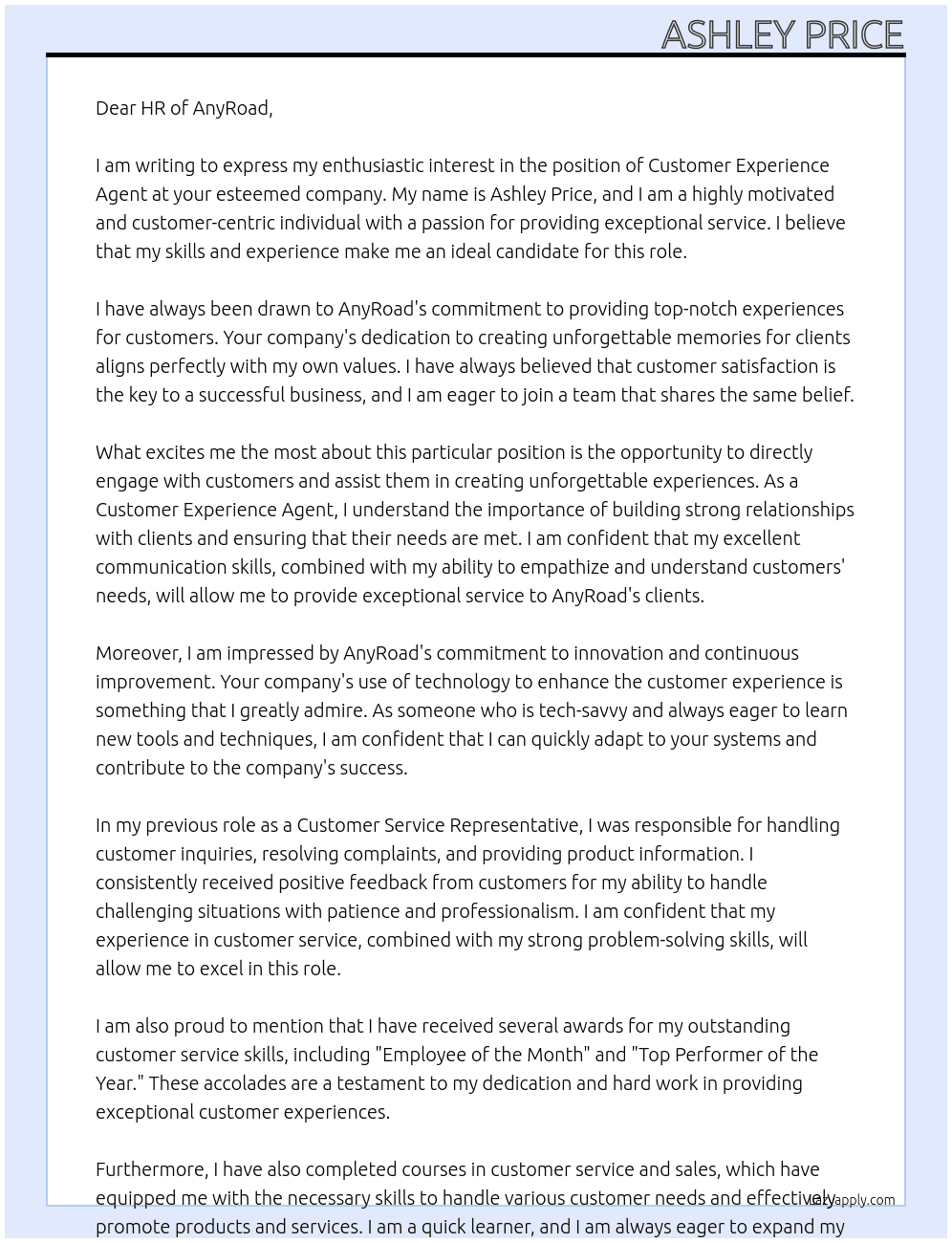 Customer Experience Agent At AnyRoad Cover Letter