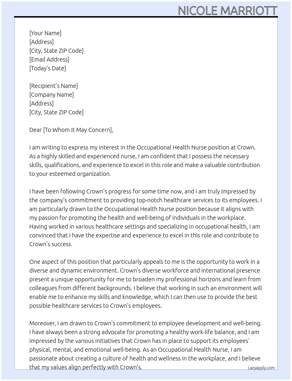 Occupational Health Nurse At Crown  Cover Letter