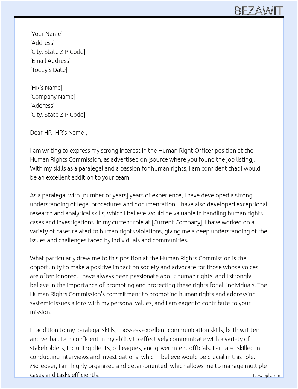 human right officer At Human right commissison Cover Letter