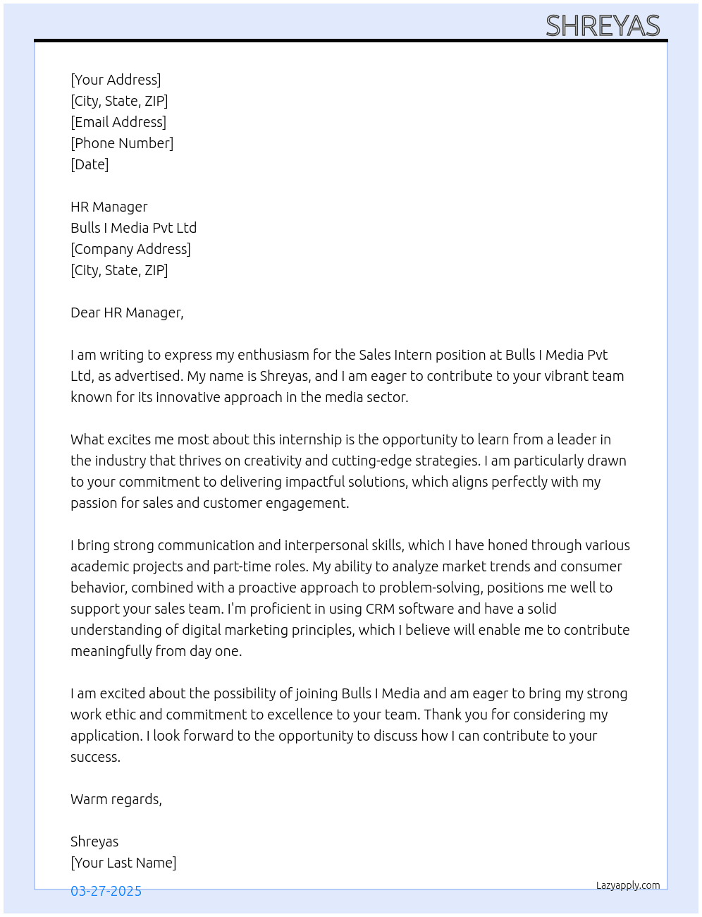 sales intern  At Bulls I Media PVt Ltd  Cover Letter