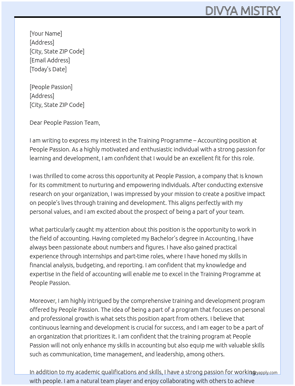 Training Programme – Accounting At People Passion Cover Letter