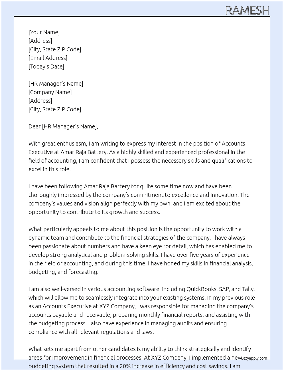 ACCOUNTS EXECUTIVE At AMAR RAJA BATTERY Cover Letter