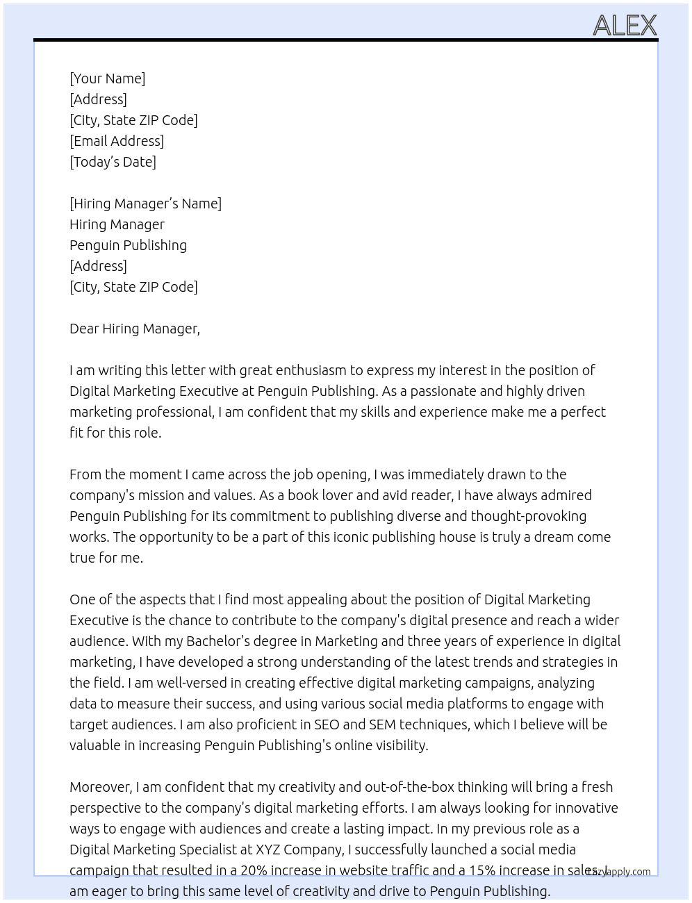 Digital Marketing Executive At Penguin Publishing Cover Letter