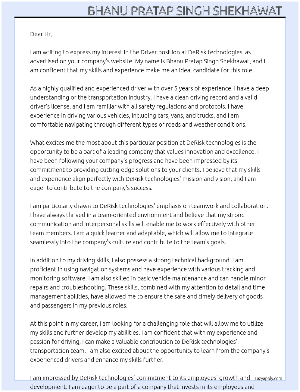 Driver At DeRisk technologies Cover Letter