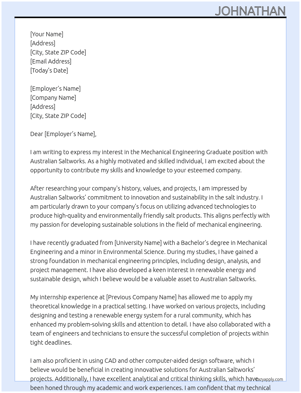 Mechanical Engineering Graduate At Australian Saltworks Cover Letter