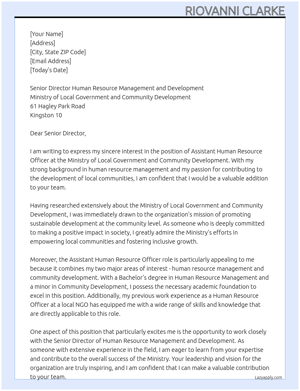 Assistant Human Resource Officer At  Ministry of Local Government and Community Development Cover Letter