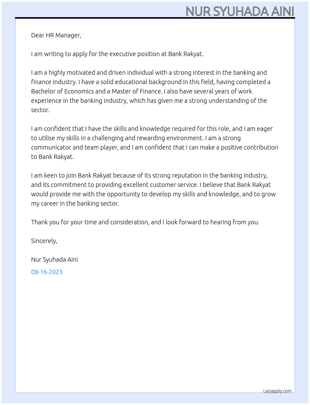 executive At bank rakyat Cover Letter