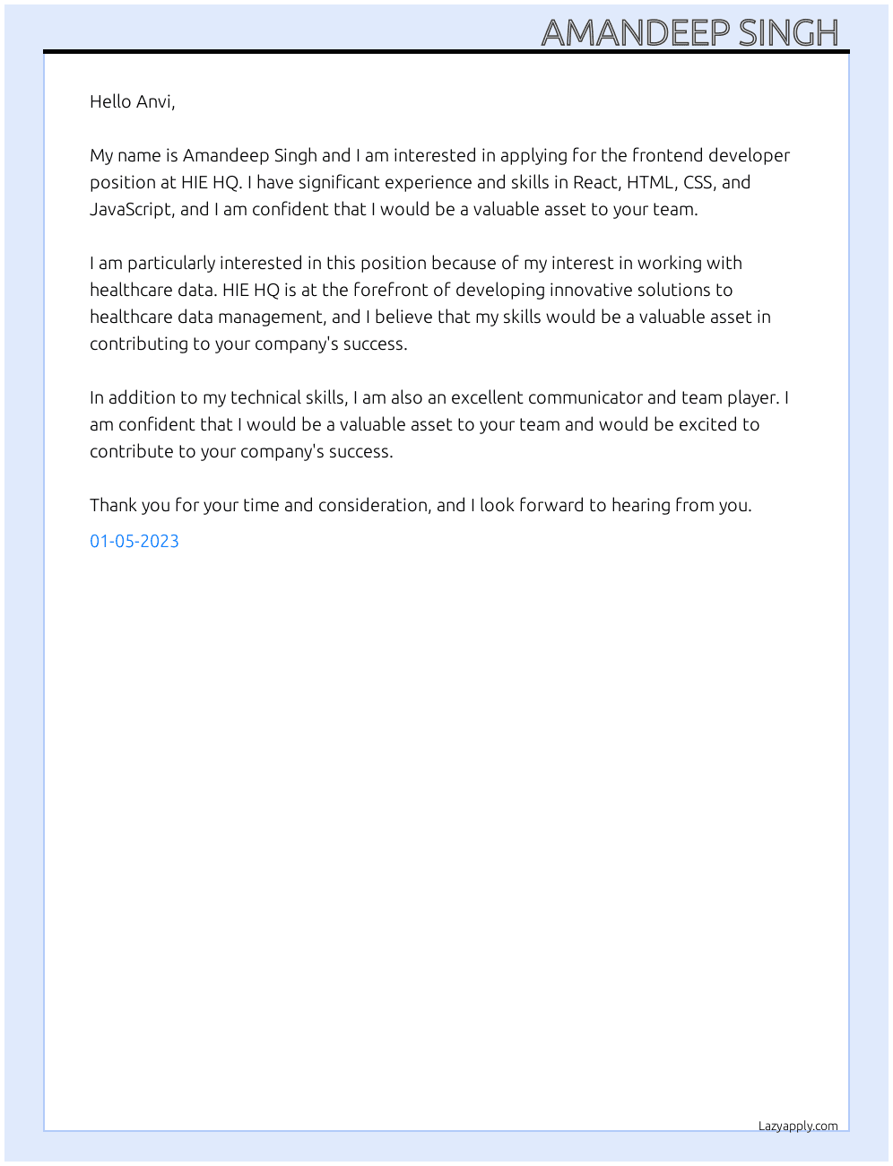 Frontend developer  At HIE HQ Cover Letter