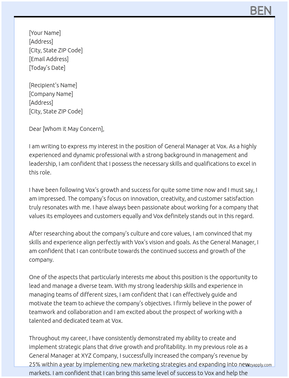 General Manager At Vox Cover Letter