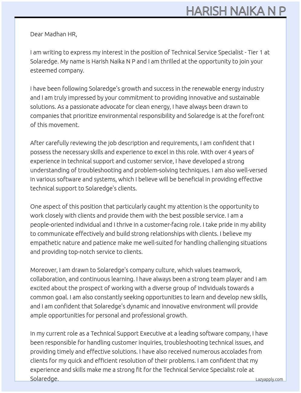 Technical Service Specialist- Tier 1 At Solaredge  Cover Letter