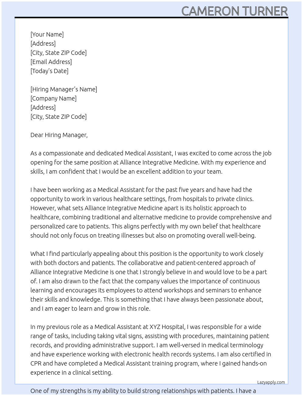 Medical assistant At Alliance Integrative Medicine Cover Letter