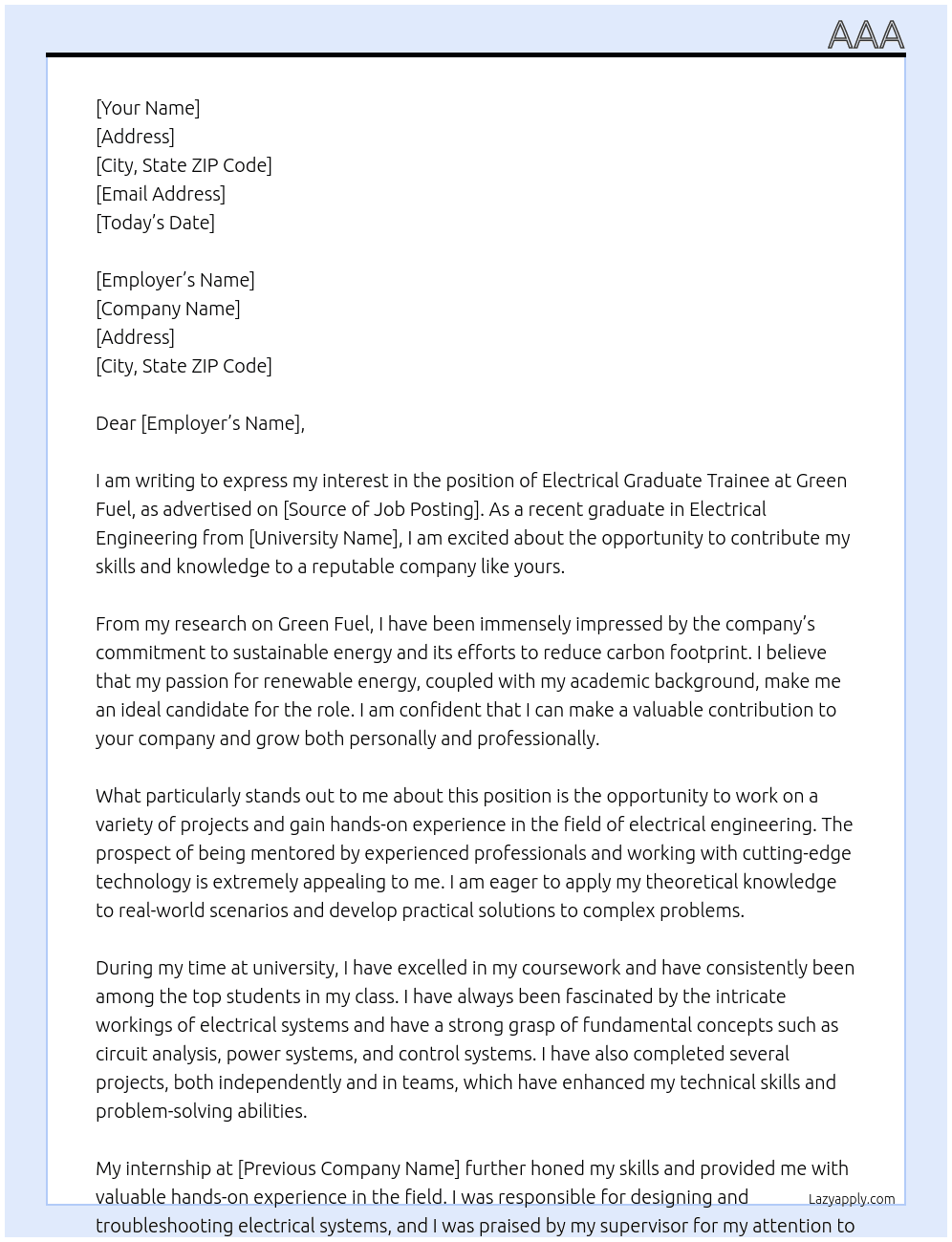 electrical graduate trainee At Green Fuel Cover Letter