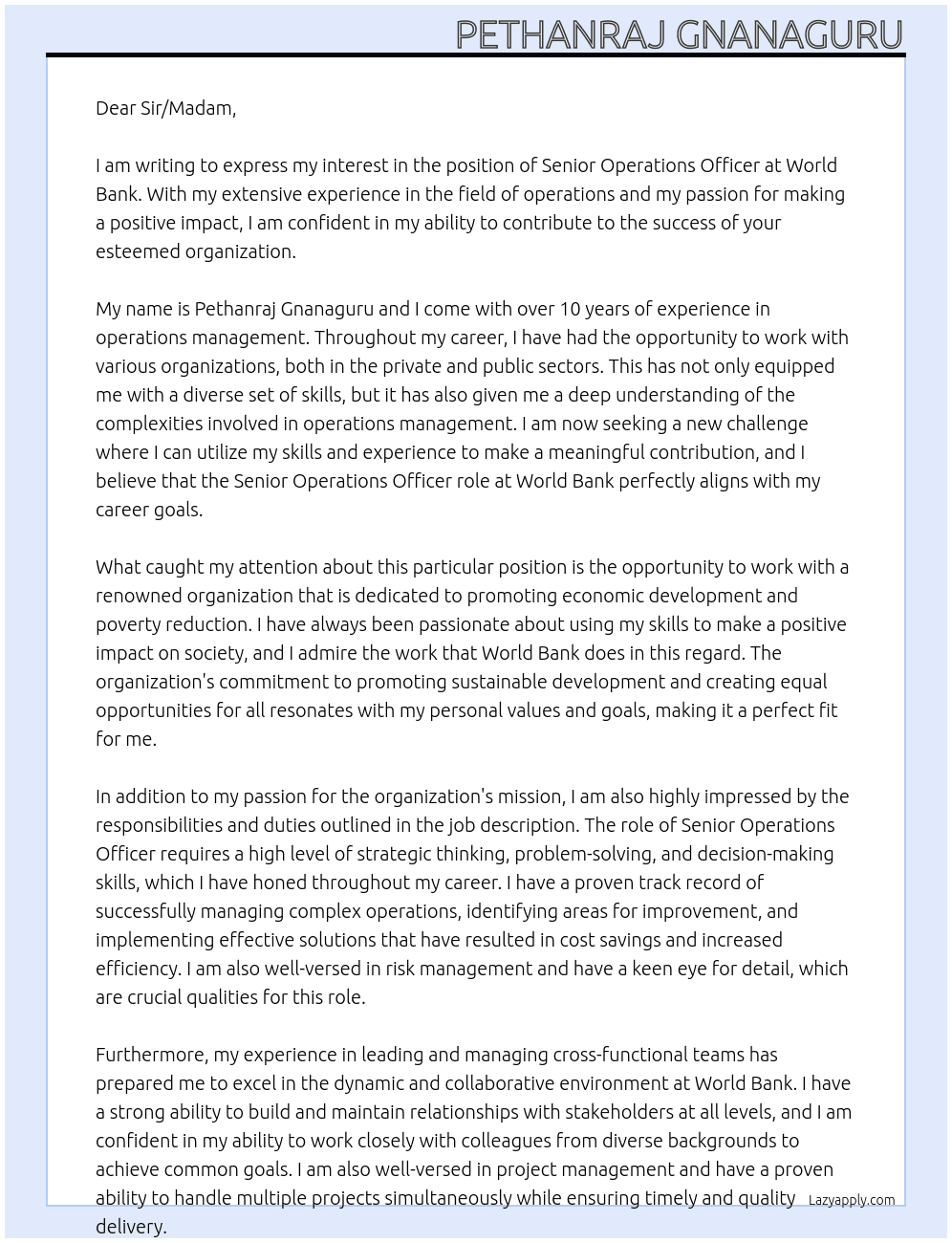 Senior Operations Officer At WORLD BANL Cover Letter