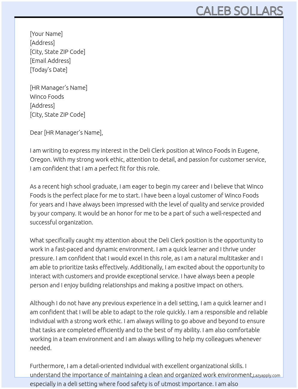 Deli Clerk At Winco Foods Cover Letter