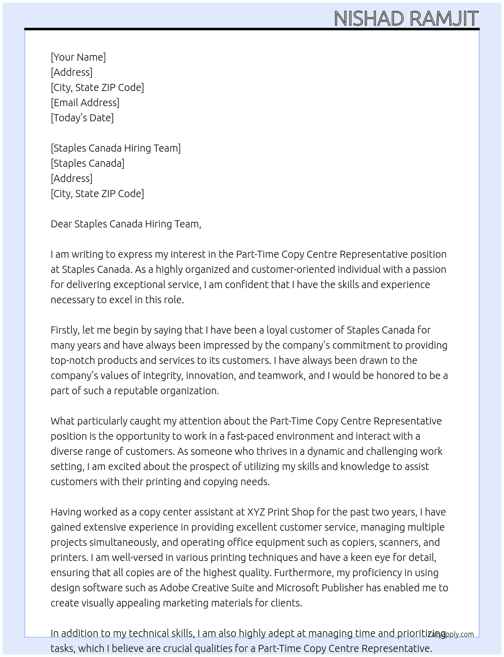Part-Time Copy Centre Representative At Staples Canada Cover Letter