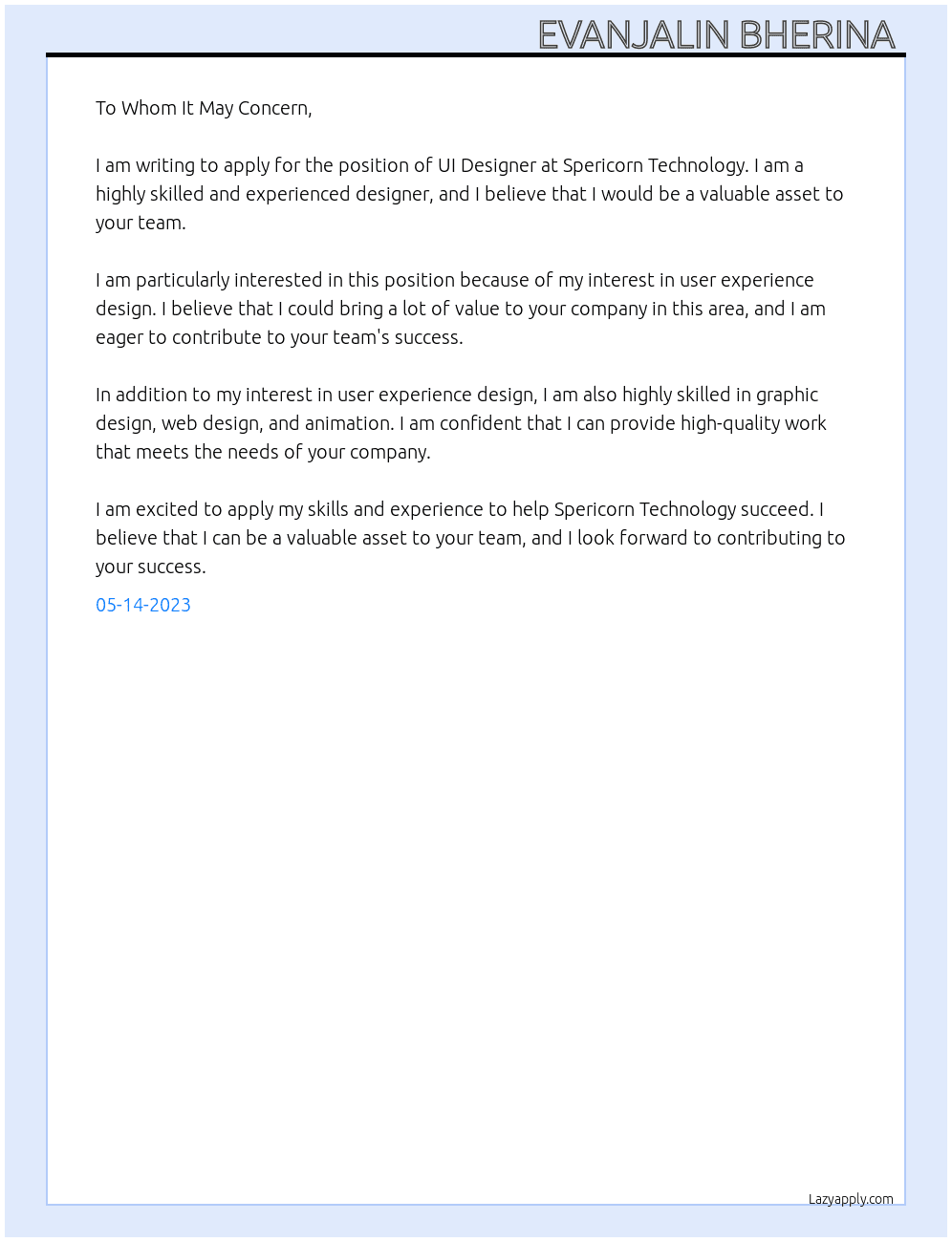 Ui designer  At Spericorn Technology Cover Letter