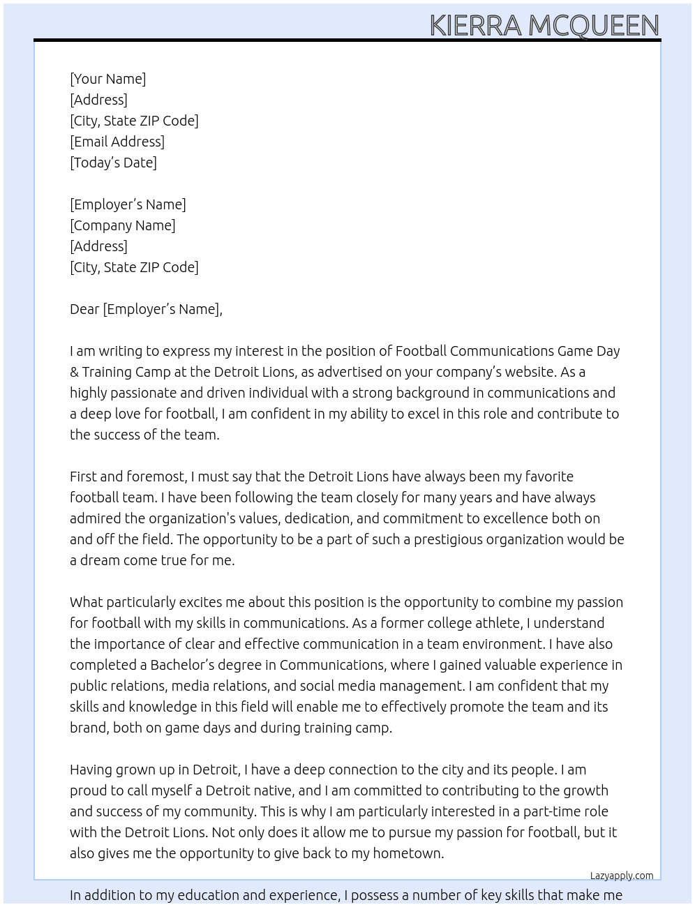 Football Communications Game Day & Training Camp At Detroit Lions Cover Letter
