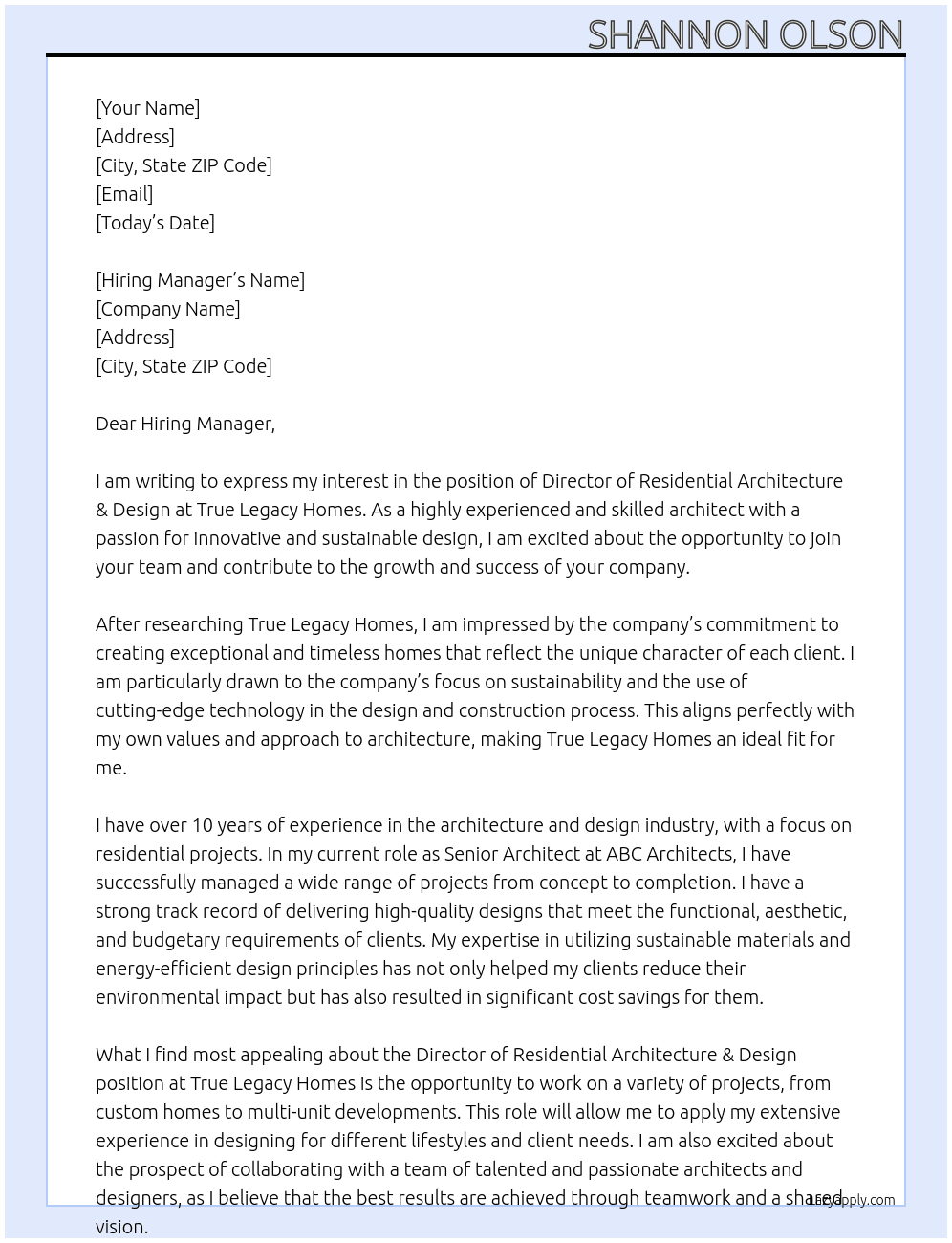 Director of Residential Architecture & Design At True Legacy Homes Cover Letter