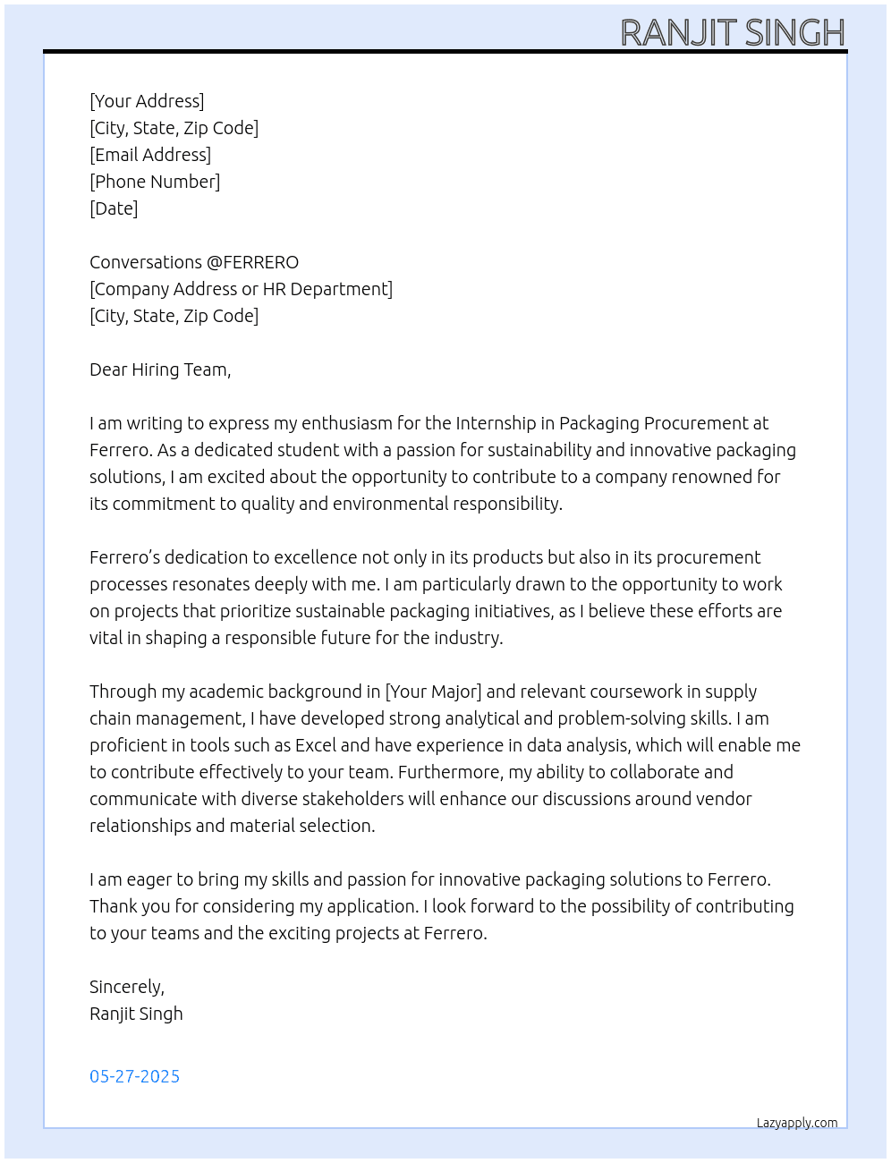 INTERNSHIP Packaging Procurement  At Ferrero Cover Letter