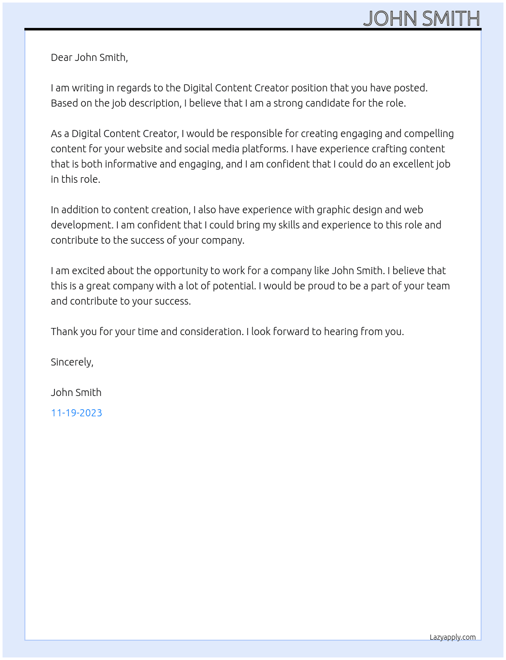 Digital Content Creator At John Smith Cover Letter